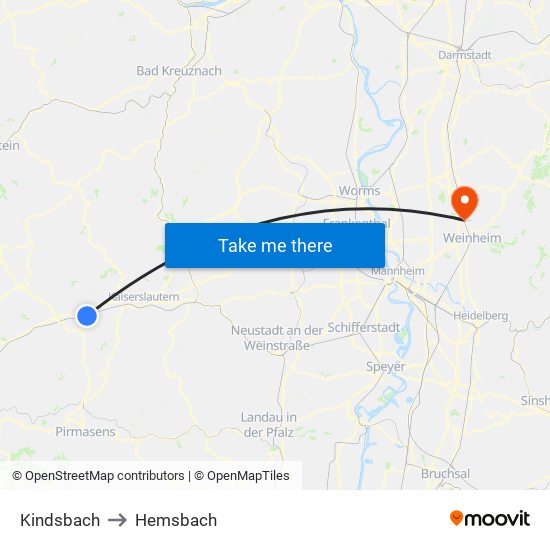 Kindsbach to Hemsbach map