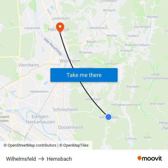 Wilhelmsfeld to Hemsbach map