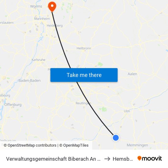 Verwaltungsgemeinschaft Biberach An Der Riß to Hemsbach map