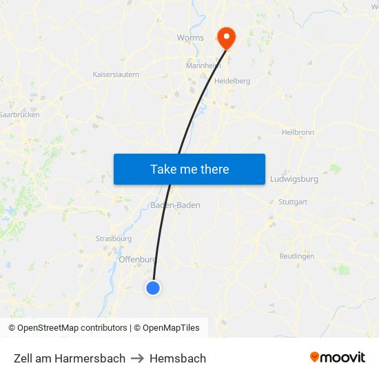 Zell am Harmersbach to Hemsbach map