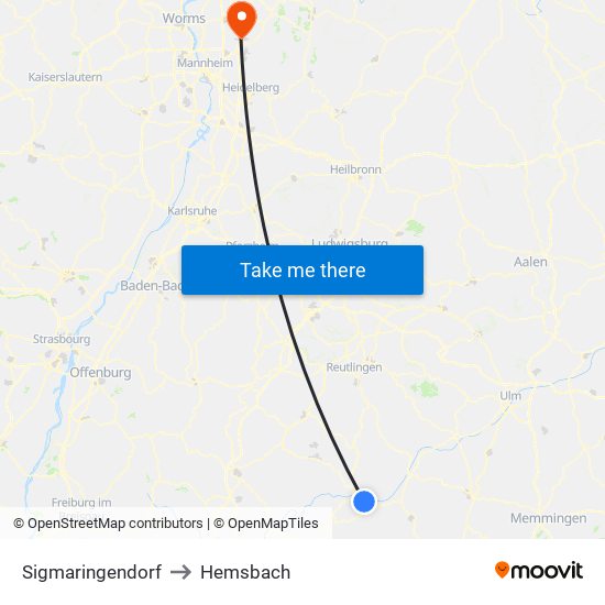 Sigmaringendorf to Hemsbach map