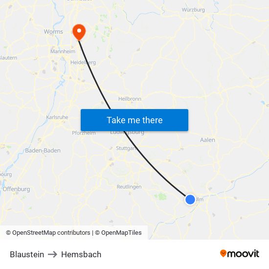 Blaustein to Hemsbach map