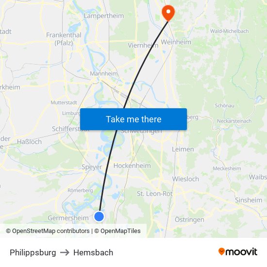 Philippsburg to Hemsbach map