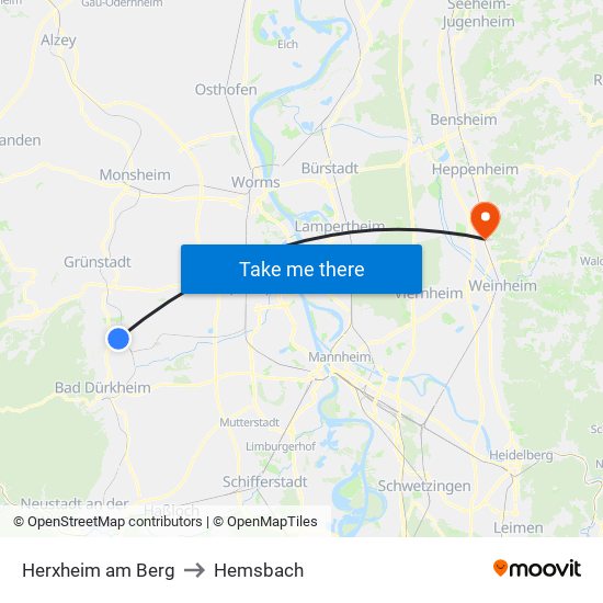 Herxheim am Berg to Hemsbach map