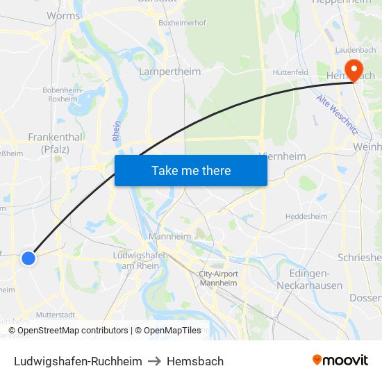 Ludwigshafen-Ruchheim to Hemsbach map