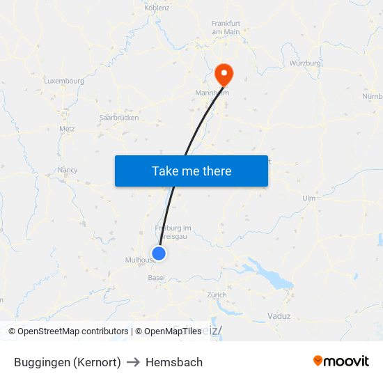 Buggingen (Kernort) to Hemsbach map