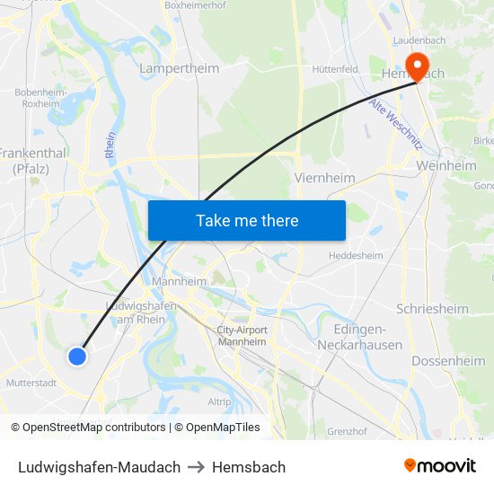 Ludwigshafen-Maudach to Hemsbach map