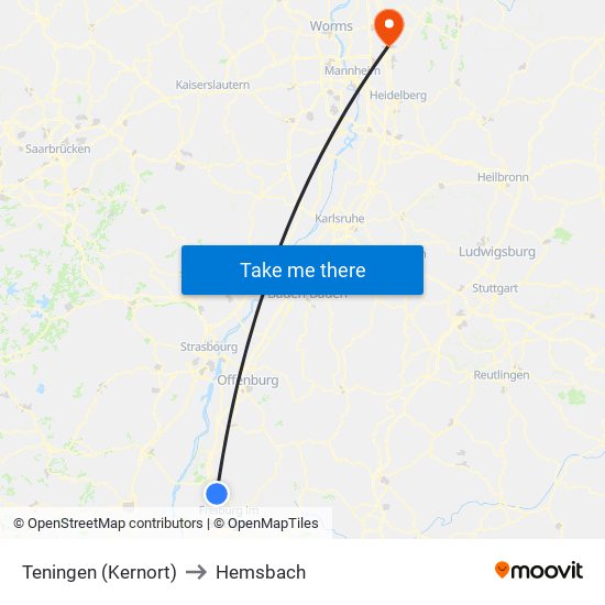 Teningen (Kernort) to Hemsbach map