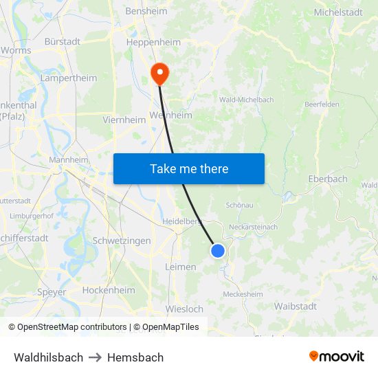 Waldhilsbach to Hemsbach map