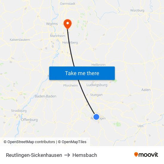 Reutlingen-Sickenhausen to Hemsbach map