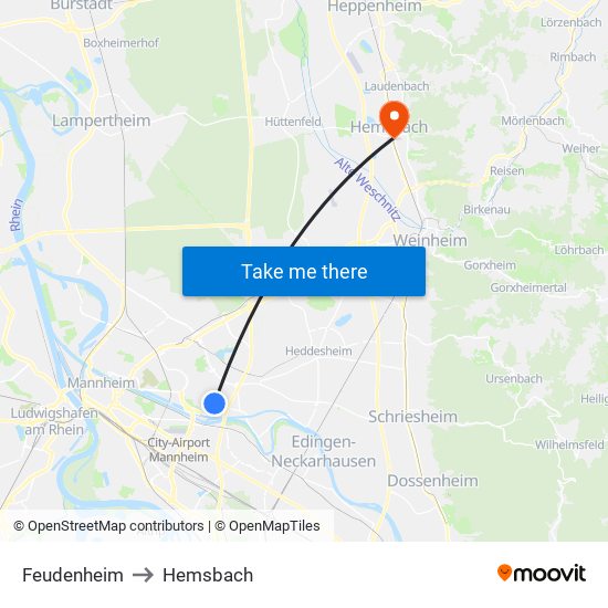 Feudenheim to Hemsbach map