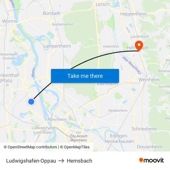 Ludwigshafen-Oppau to Hemsbach map