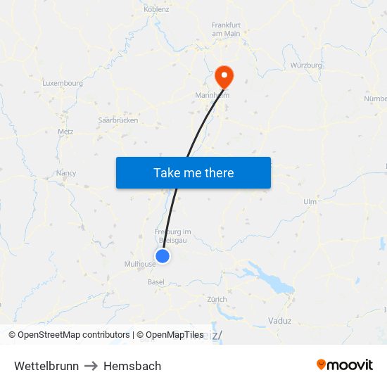 Wettelbrunn to Hemsbach map
