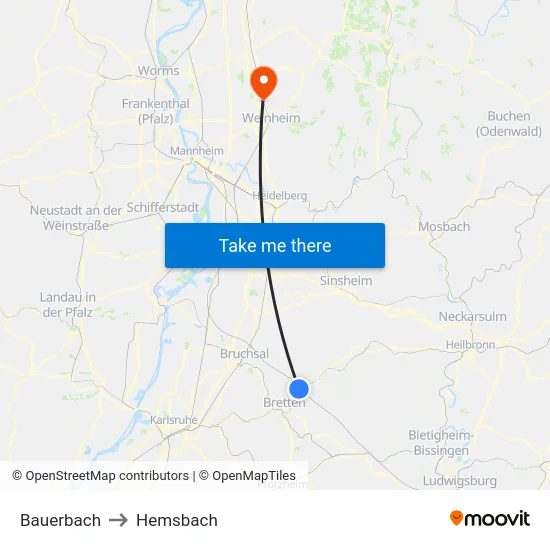 Bauerbach to Hemsbach map