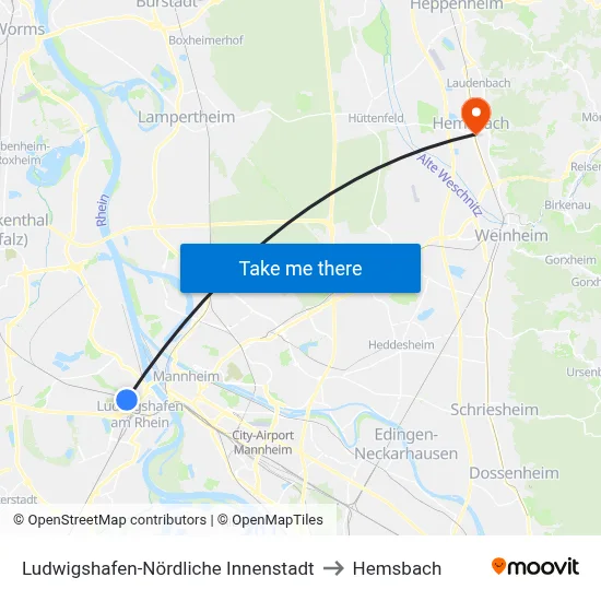 Ludwigshafen-Nördliche Innenstadt to Hemsbach map