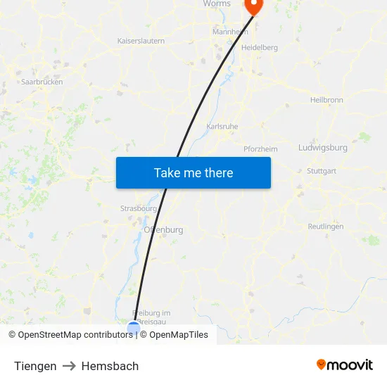 Tiengen to Hemsbach map