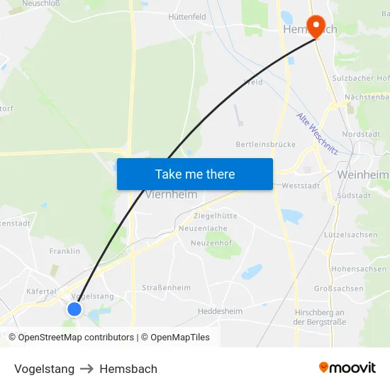 Vogelstang to Hemsbach map