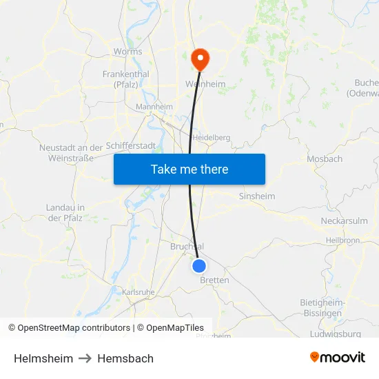 Helmsheim to Hemsbach map