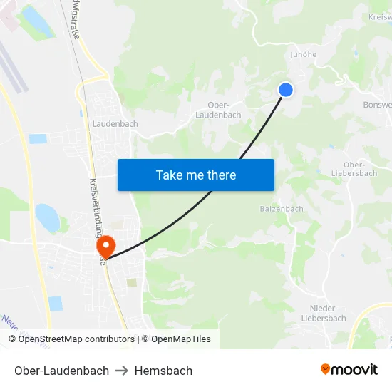 Ober-Laudenbach to Hemsbach map