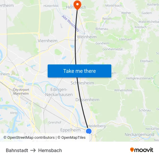 Bahnstadt to Hemsbach map