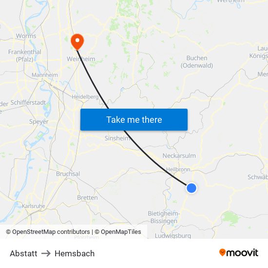 Abstatt to Hemsbach map