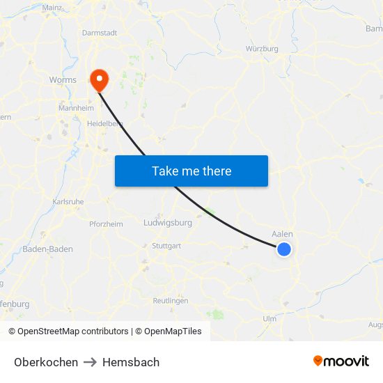 Oberkochen to Hemsbach map