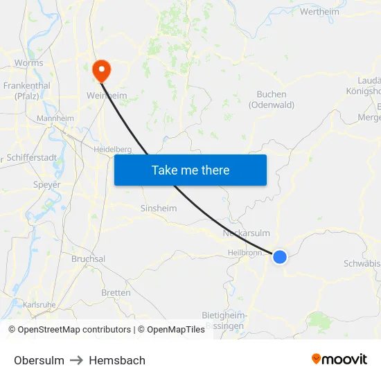 Obersulm to Hemsbach map
