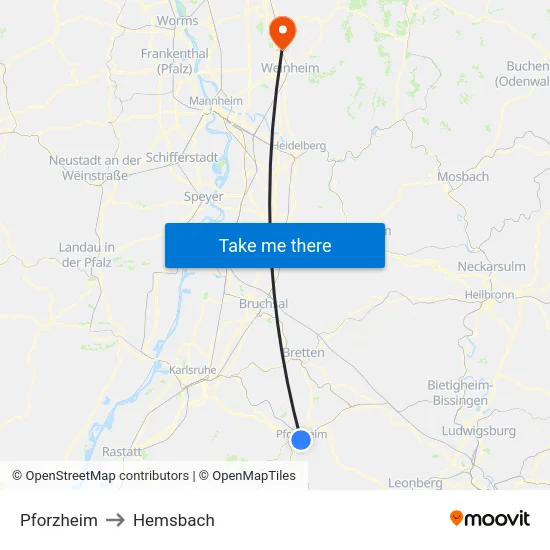 Pforzheim to Hemsbach map