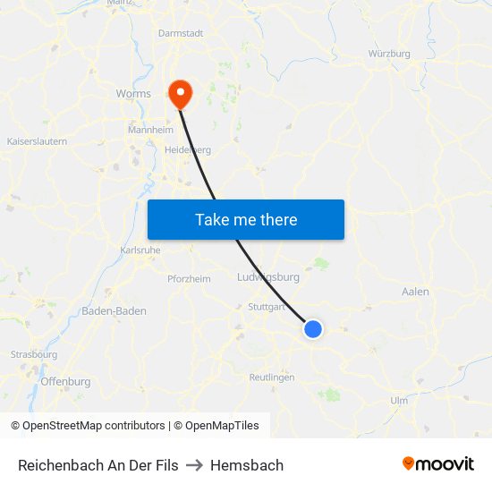 Reichenbach An Der Fils to Hemsbach map