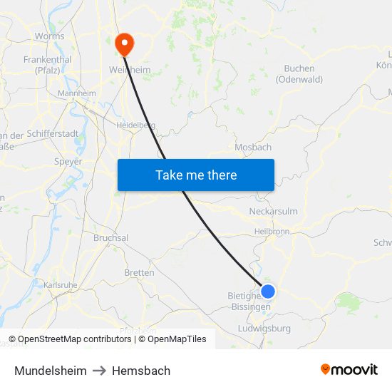 Mundelsheim to Hemsbach map