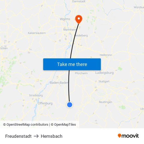 Freudenstadt to Hemsbach map