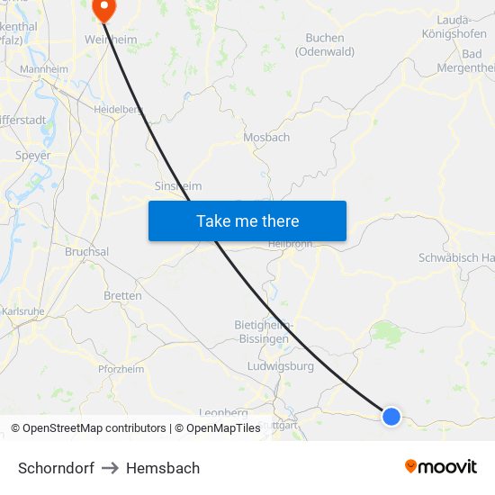 Schorndorf to Hemsbach map