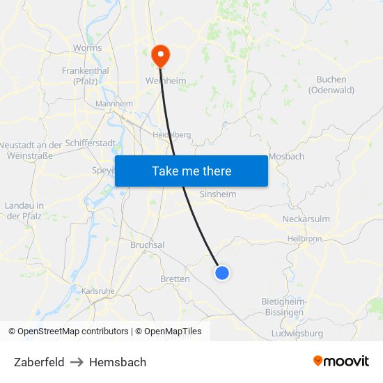 Zaberfeld to Hemsbach map