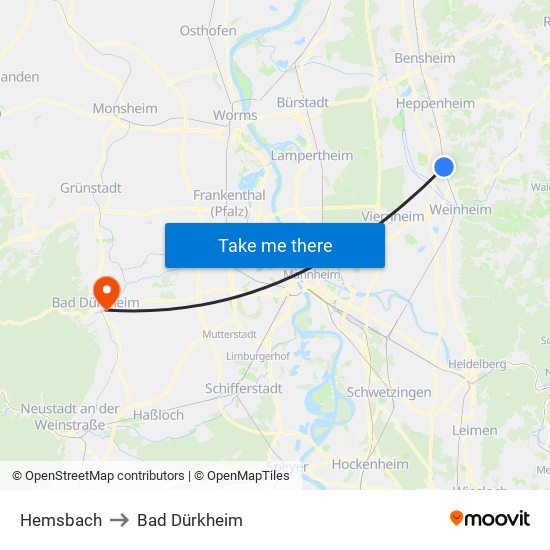 Hemsbach to Bad Dürkheim map