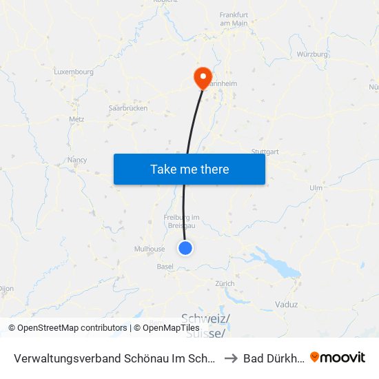 Verwaltungsverband Schönau Im Schwarzwald to Bad Dürkheim map