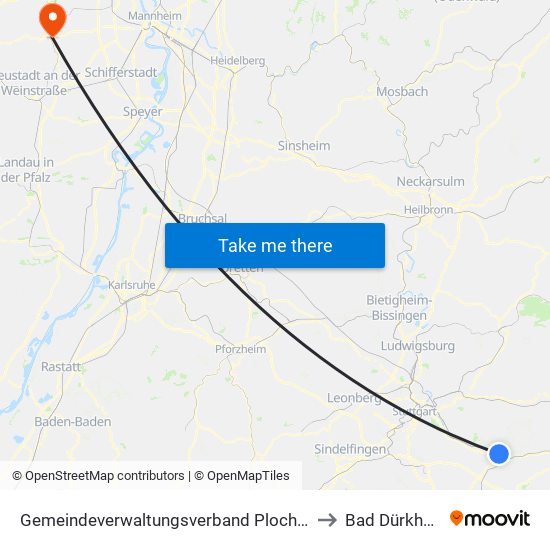 Gemeindeverwaltungsverband Plochingen to Bad Dürkheim map