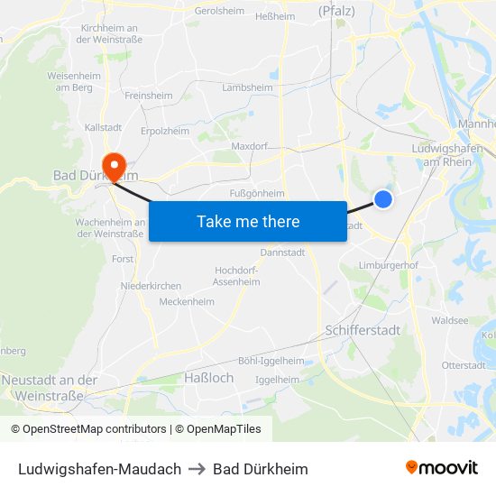 Ludwigshafen-Maudach to Bad Dürkheim map