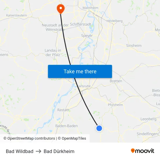 Bad Wildbad to Bad Dürkheim map