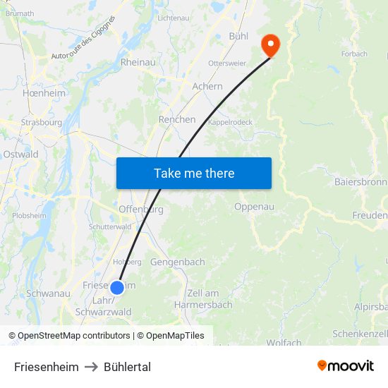 Friesenheim to Bühlertal map