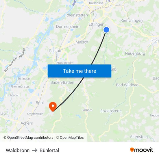 Waldbronn to Bühlertal map