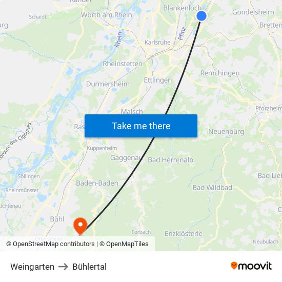 Weingarten to Bühlertal map