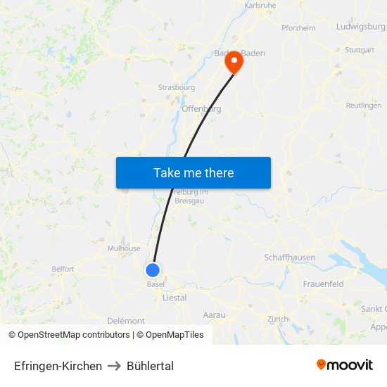 Efringen-Kirchen to Bühlertal map