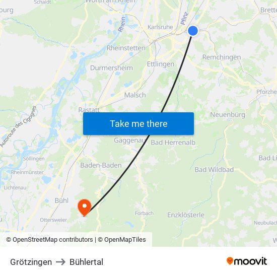 Grötzingen to Bühlertal map