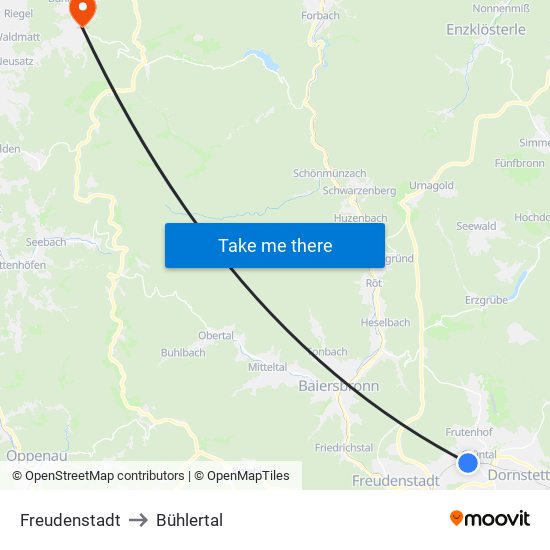 Freudenstadt to Bühlertal map