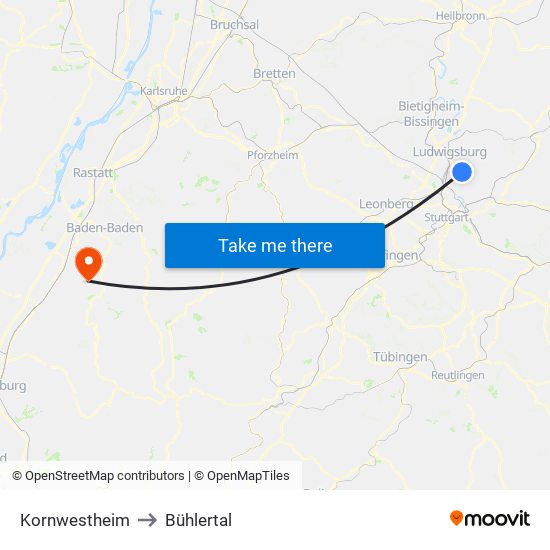 Kornwestheim to Bühlertal map