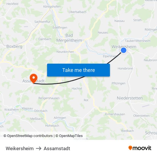 Weikersheim to Assamstadt map