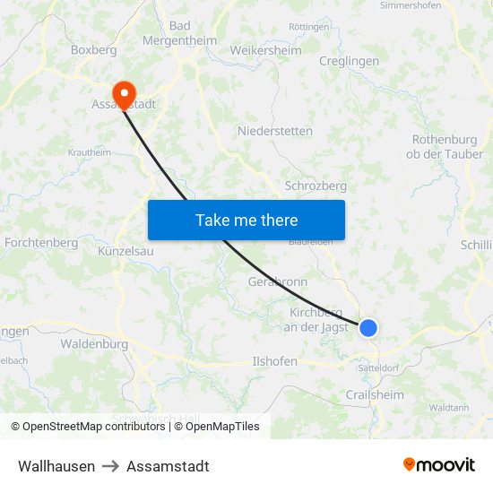Wallhausen to Assamstadt map