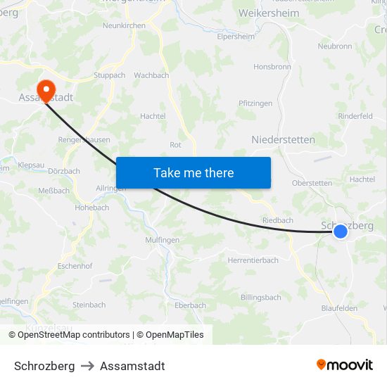 Schrozberg to Assamstadt map