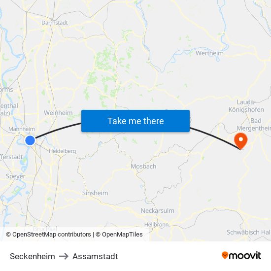 Seckenheim to Assamstadt map