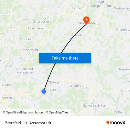 Bretzfeld to Assamstadt map